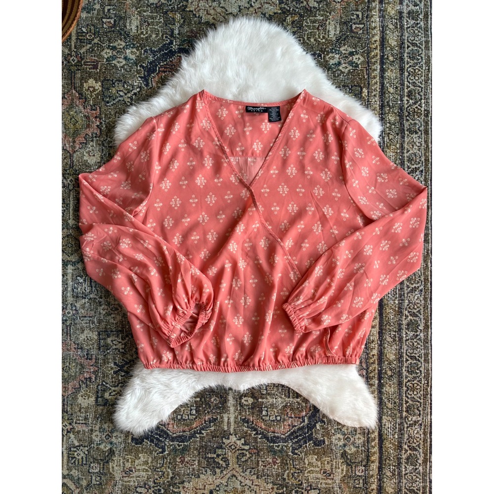 Wrangler Retro Womens Coral Floral Print Long Sleeve Wrap Blouse Top XL